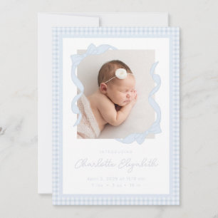 Gingham Bow Photo Birth Announcement