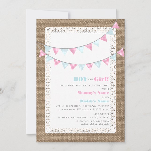 Gingham Bunting Gender Reveal Party Invitation (Front)