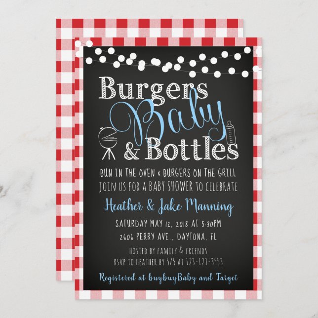 Gingham Burgers Bottles, Baby Shower Invitation (Front/Back)