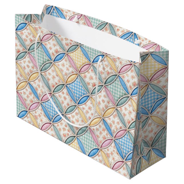 Gingham Cathedral Window Quilt Design Large Gift Bag (Back Angled)
