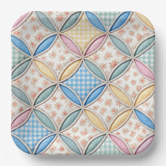 Gingham Cathedral Window Quilt Design Paper Plate (Front)