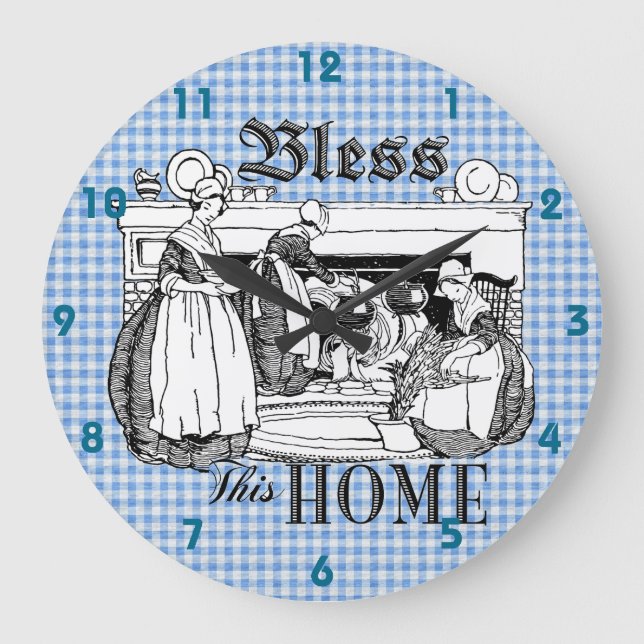 gingham check blue and white Bless This Home clock (Front)