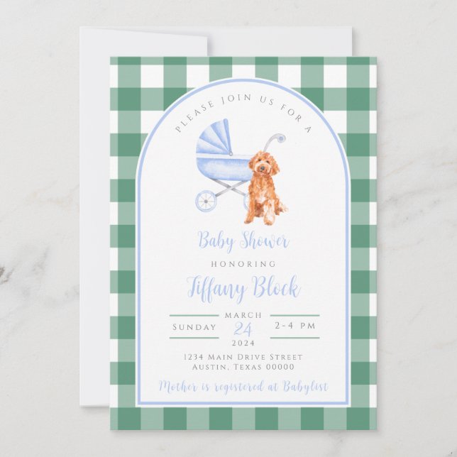 Gingham Check Dog Boy Baby Shower Invitation (Front)