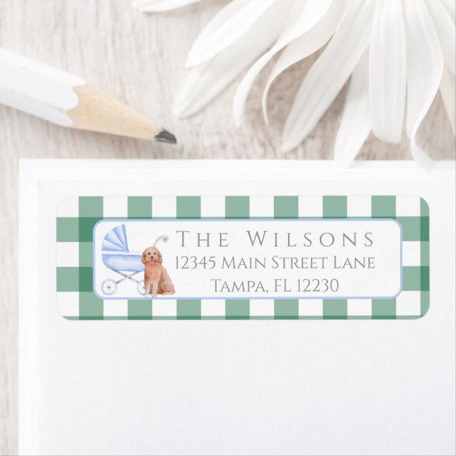 Gingham Check Dog Boy Baby Shower Return Address Label (Insitu)