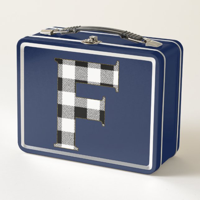 Gingham Check F Metal Lunch Box (Front)