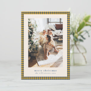 Gingham Check Navy Blue Yellow Christmas Photo Holiday Card