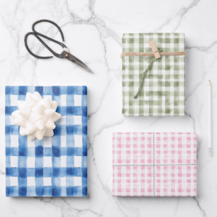 Gingham Check Pattern Blue Pink Sage Green Wrapping Paper Sheet
