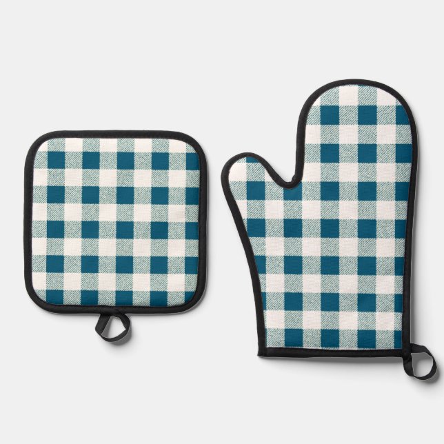 Gingham Check Pattern (Blueish Green) Oven Mitt & Pot Holder Set (Front)