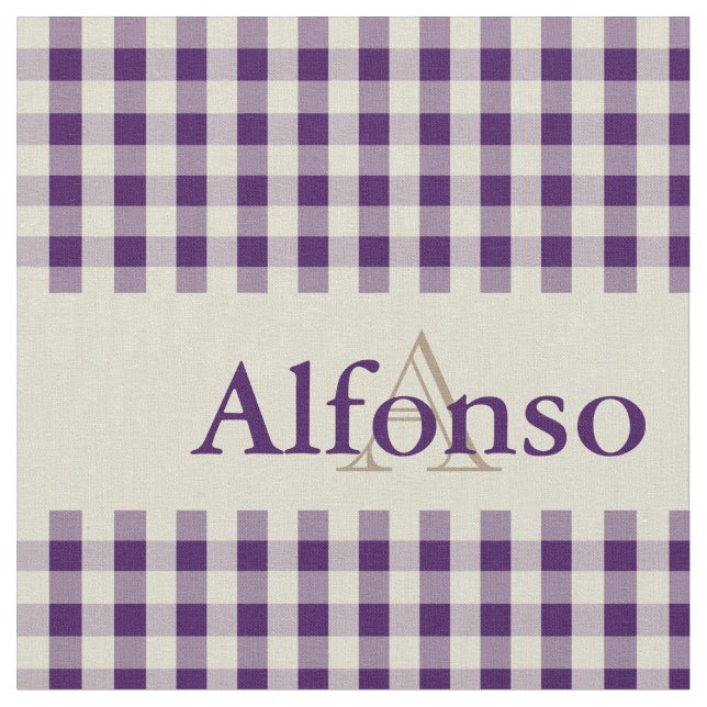 Gingham Check Pattern Monogram Grape Purple Beige Fabric (Close Up)