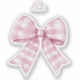 Gingham Check Pink Bow with Name Vinyl Sticker