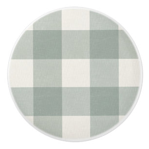Gingham checks plaid light sage green ceramic knob