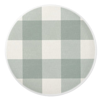 Gingham checks plaid light sage green ceramic knob