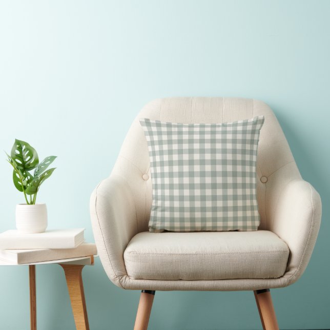Gingham checks plaid light sage green cushion (Chair)