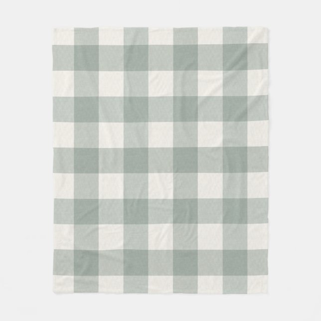 Gingham checks plaid light sage green fleece blanket (Front)