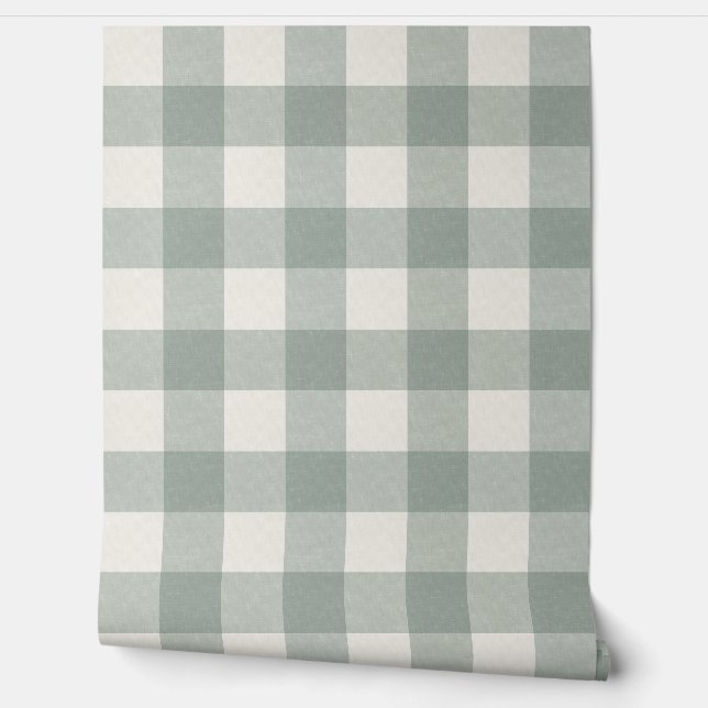 Gingham checks plaid light sage green large wallpaper (Unrolling)