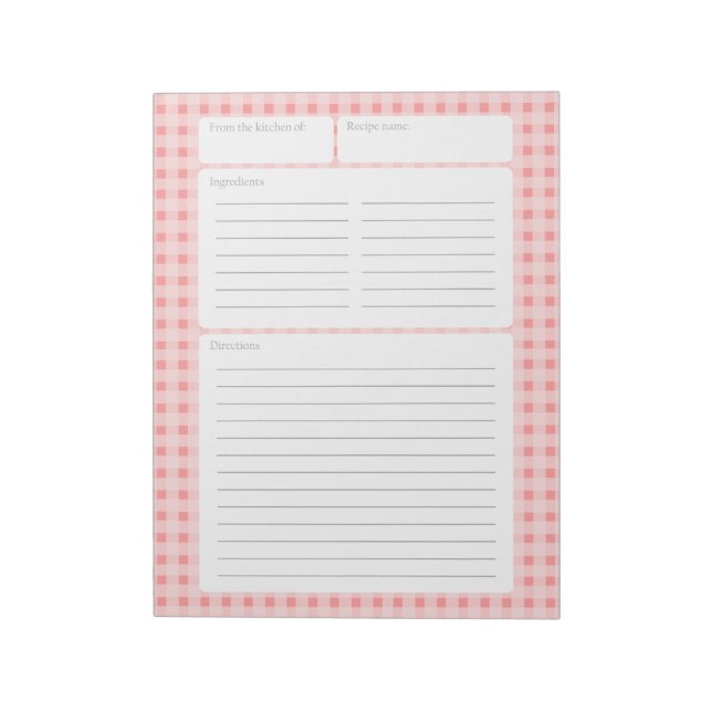 Gingham Chequered Recipe Page with Colour Option Notepad (Rotated)