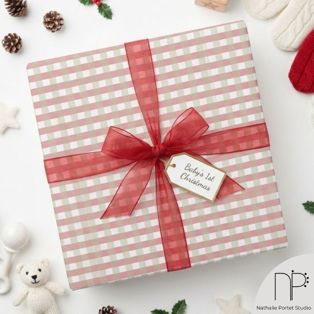 Gingham Christmas Baby Wrap Wrapping Paper (This Gingham Christmas Baby Wrap features hand-drawn gingham art ideal for baby showers and holidays)