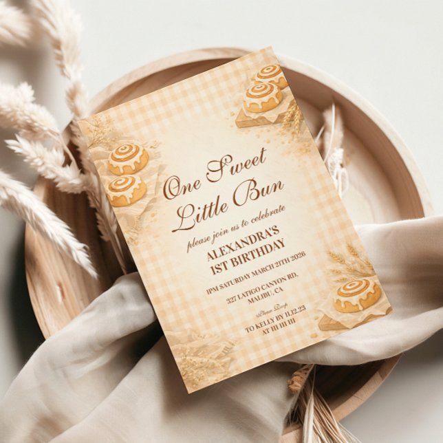 Gingham Cinnamon Roll Little Bun 1st Birthday Invitation (Creator Uploaded)