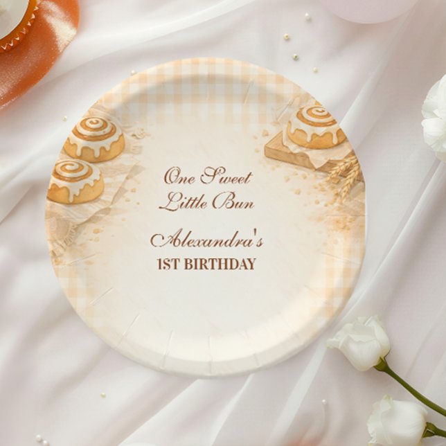 Gingham Cinnamon Roll Little Bun 1st Birthday Paper Plate (Creator Uploaded)