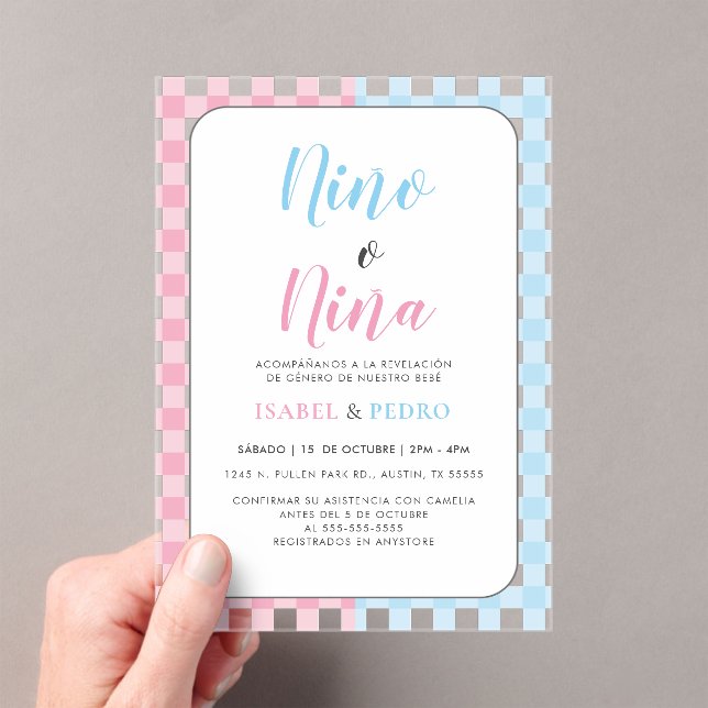 Gingham Classic Nino o Nina Spanish Gender Reveal Acrylic Invitations (Insitu (Handheld))