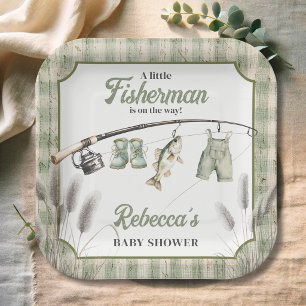 Gingham Clothesline Fishing Baby Shower Decor Paper Plate