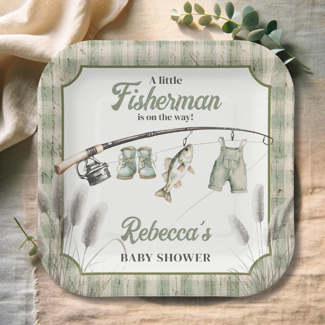 Gingham Clothesline Fishing Baby Shower Decor Paper Plate (Creator Uploaded)