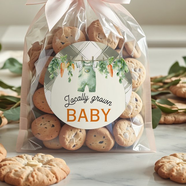 Gingham Clothesline Locally Grown Baby Shower Classic Round Sticker (Creator Uploaded)