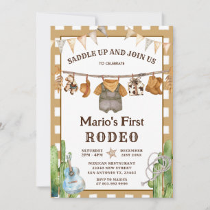 Gingham Clothesline My First Rodeo Cowboy Birthday Invitation