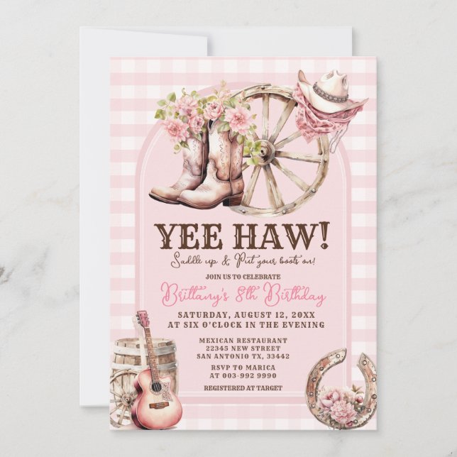Gingham Cowgirl Western 8TH Birthday  Invitation (Front)