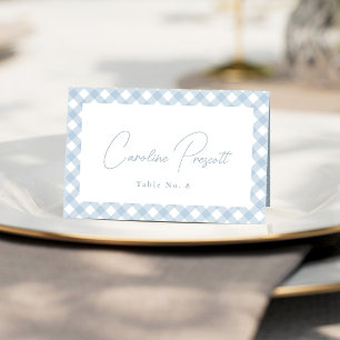 Gingham cute blue baby shower name place card