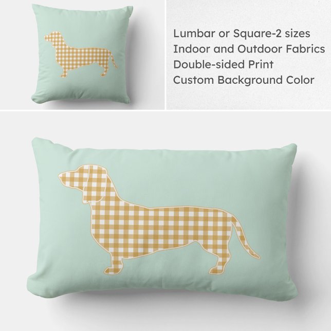 Gingham Dachshund Silhouette Pillow - Mint and Tan (Gingham Dachshund lumbar or square pillow available in indoor and outdoor fabrics. Custom colors.)