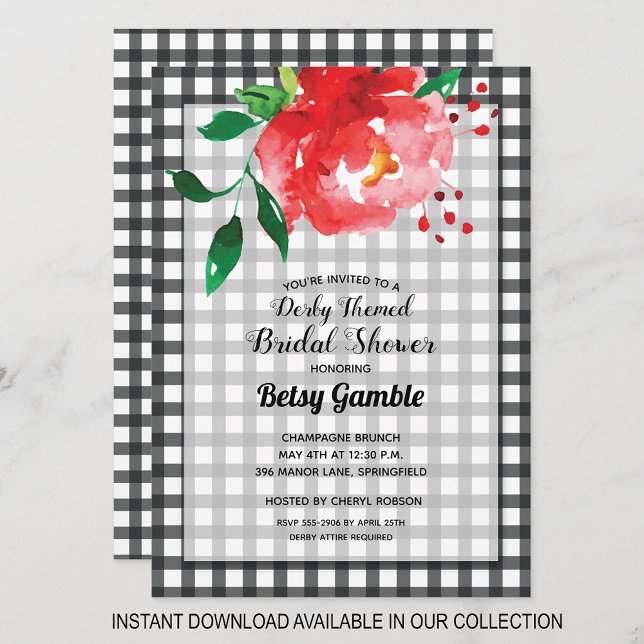 Gingham Derby Rose Bridal Shower Invitations (INSTANT DOWNLOAD available in our collection to send your invitations digitally.)