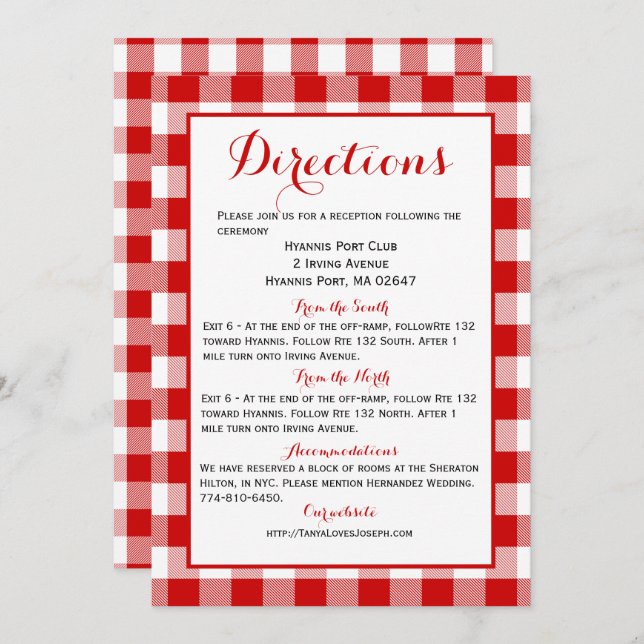 Gingham Directions Details Red White Check Wedding Invitation (Front/Back)