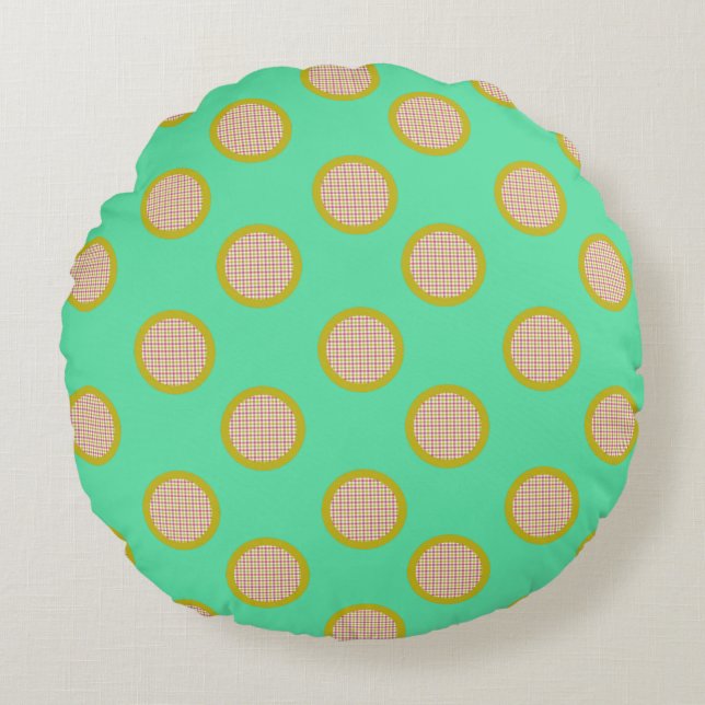 Gingham Dots, Green Round Pillow (Front)