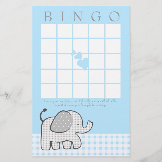 Gingham Elephant Blue Bingo Card (Front)