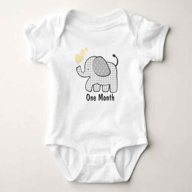 Gingham Elephant First Month Baby Bodysuit (Front)