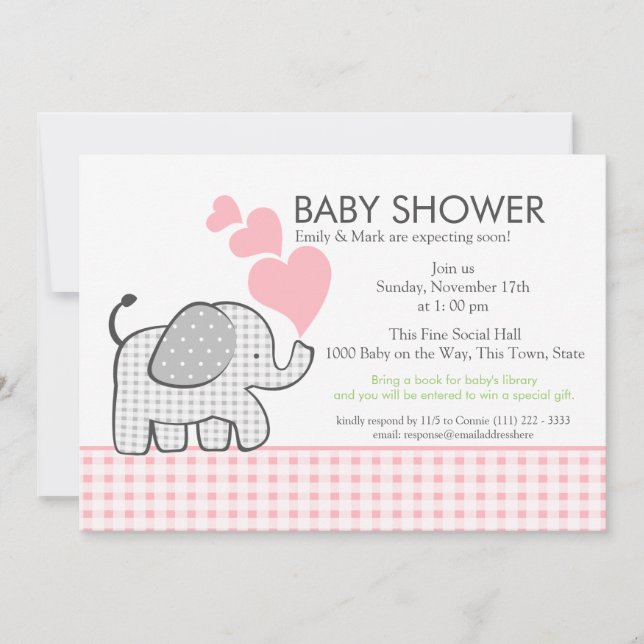 Gingham Elephant Pink Baby Shower Invitation (Front)