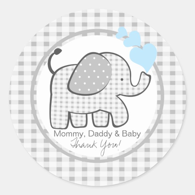 Gingham Elephant with Blue Hearts Classic Round Sticker (Front)