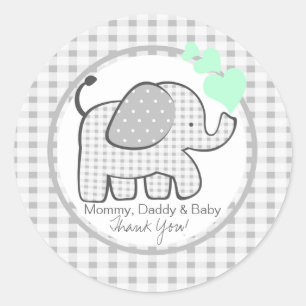 Gingham Elephant with Mint Green Hearts Classic Round Sticker