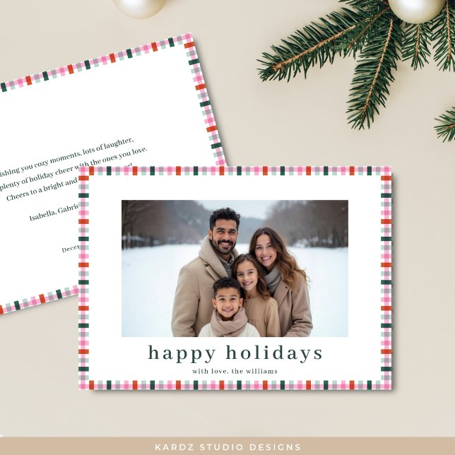 Gingham Family Photo Modern Happy Holidays Card (Card is shown in 5 x 7 inches. Personalize message, name and photo. Choose paper style.)