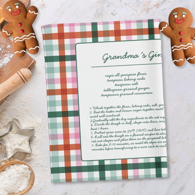 Gingham Family Recipe Keepsake  Tea Towel (Christmas Recipe Kitchen Towel with a modern plaid pattern. Add your recipe personalized keepsake.)