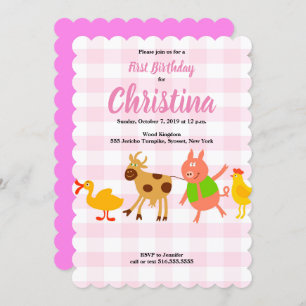 Gingham Farm Animal Baby First Birthday Invitation