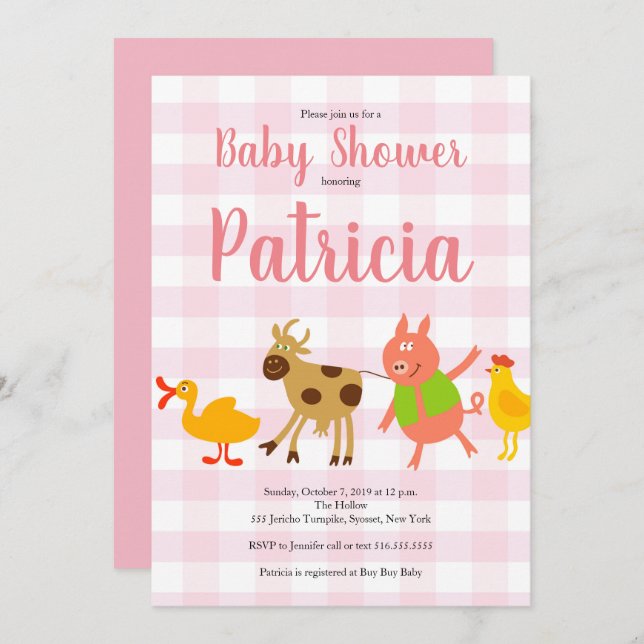 Gingham Farm Animal Baby Girl Shower Invitation (Front/Back)