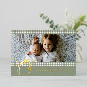 Gingham Farmhouse Green Christmas Family Photo Foil Holiday Card
