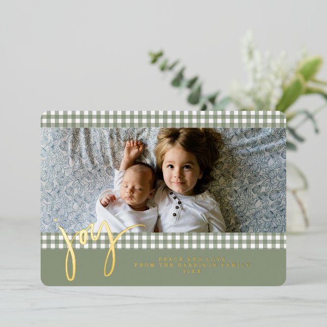 Gingham Farmhouse Green Christmas Family Photo Foil Holiday Card (Standing Front)