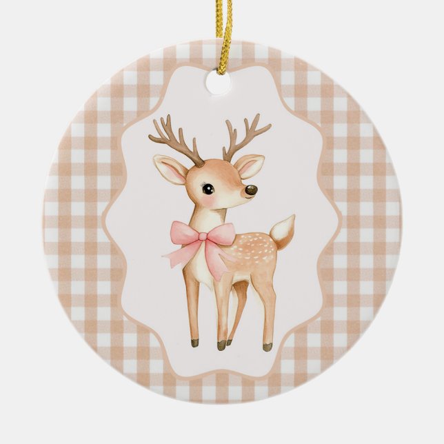 Gingham Fawn Holiday Ceramic Ornament (Front)