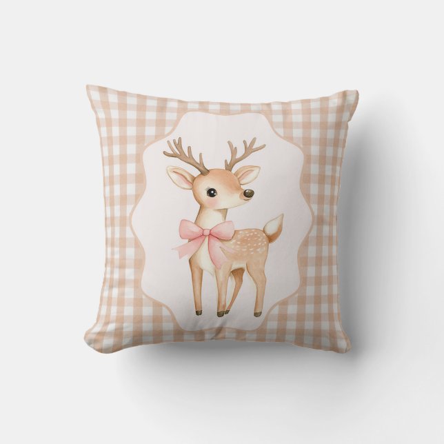 Gingham Fawn Holiday Cushion (Front)