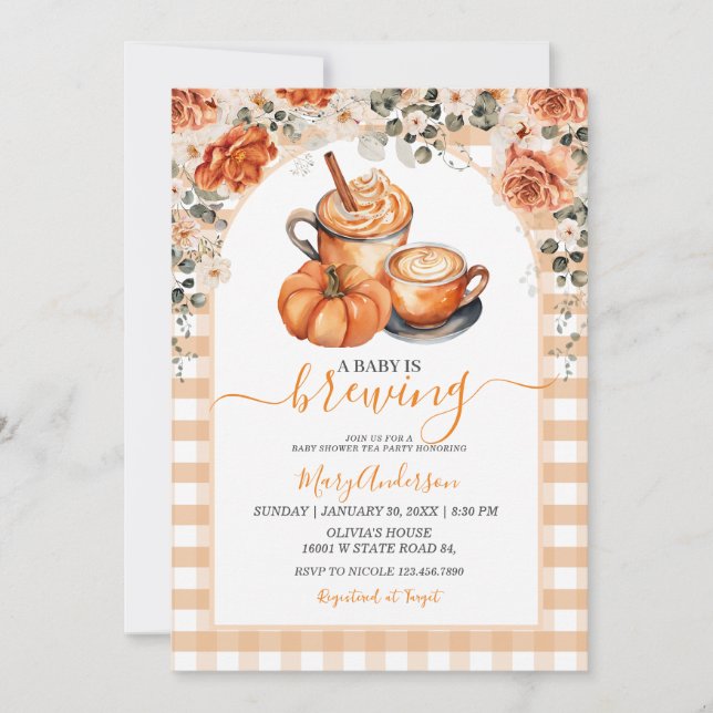  Gingham Floral A Baby Is Brewing Pumpkin Spice  Invitation (Front)