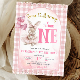 Gingham Floral Ballerina Bunny First Birthday Invitation