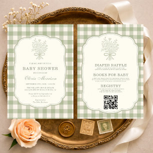 Gingham Floral Bow QR Code All in One Baby Shower Invitation